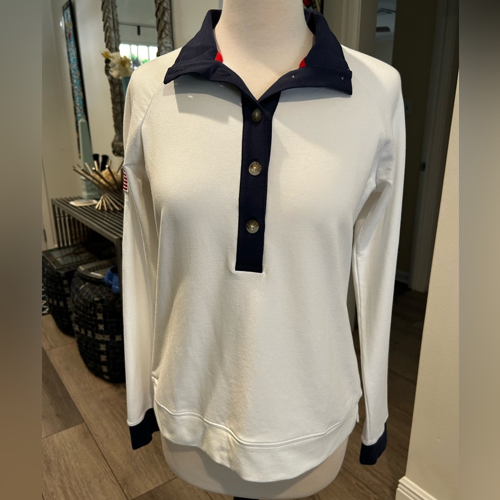 NWT Renwick Color block polo, white with navy trim , size small